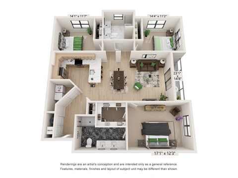 Floor plan for 3 beds, 2 baths, 1591 sqft